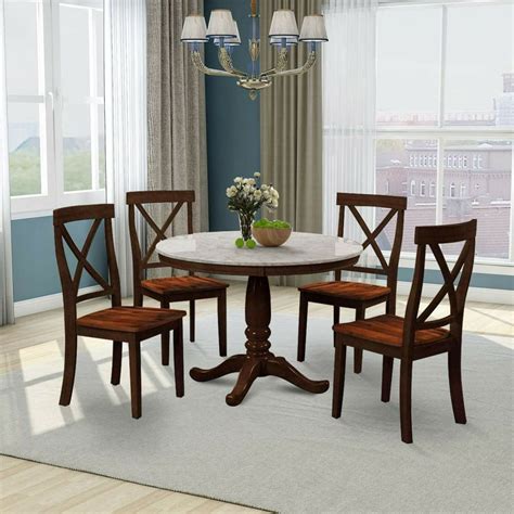 5 Pieces Retro Dining Table and Chairs Set for 4 Persons, Round Solid Wood Table with 4 Chairs ...