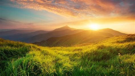 Wallpaper : mountains, landscape, nature, clouds, sky, grass, sunrise, flowers, mist, Sun ...