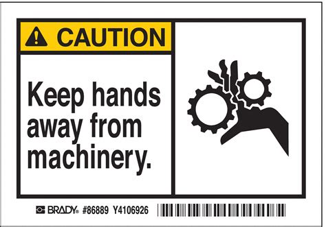BRADY Machine/Equipment Label, Keep Hands Away From Machinery., Sign Header Caution, Polyester ...