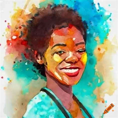 Watercolor portrait of a smiling african american woman in a coffee shop on Craiyon