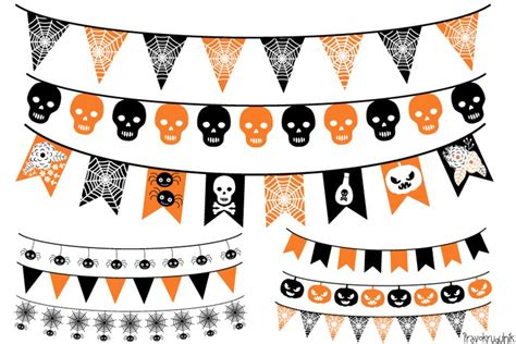 Halloween bunting clipart, Orange black flags clip art set