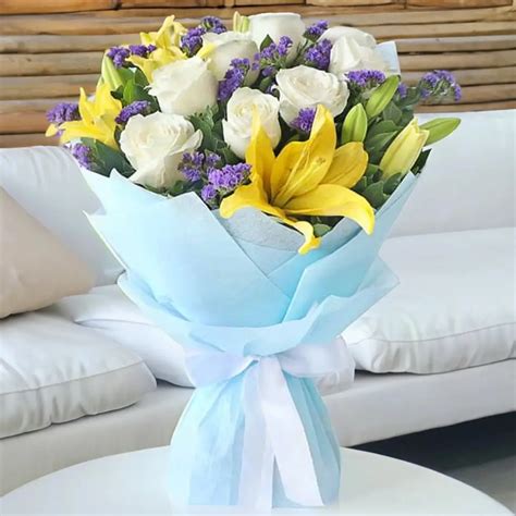 Yellow Lilies Bouquet & White Roses