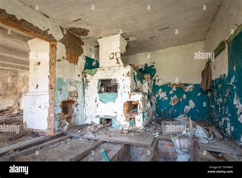 Blue interior of the kitchen of an abandoned house in Chernobyl exclusion zone in Belarus Stock ...