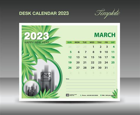 Calendar 2023 design- March 2023 template, Desk Calendar 2023 template Green flowers nature ...