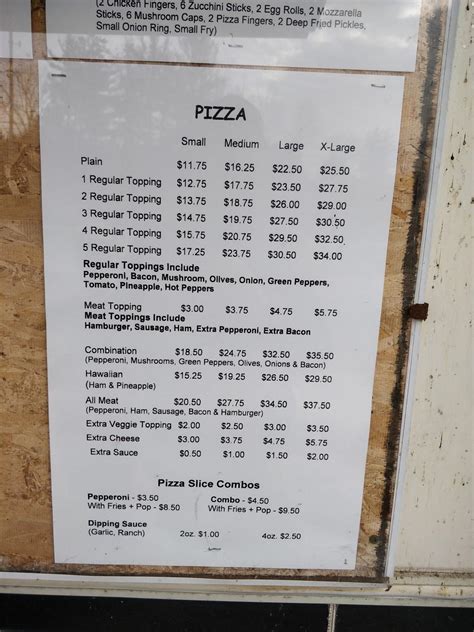 Menu at Dan's Pizza restaurant, Cobden