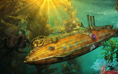 The Nautilus, underwater, art, steampunk, ocean, steam, under, punk, water, drawing, HD ...