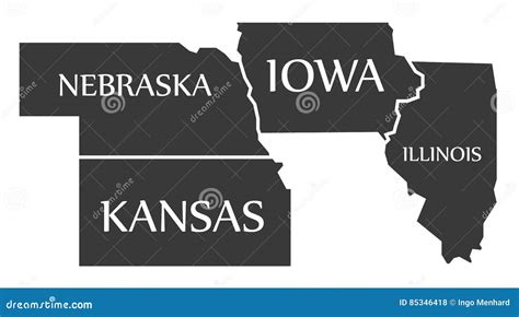 Nebraska - Kansas - Iowa - Illinois Map Labelled Black Stock ...