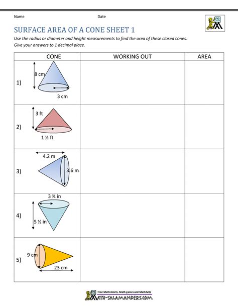 Surface Area Of A Cone Worksheet