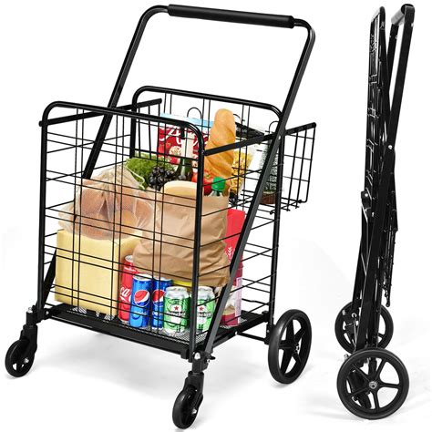 Gymax Heavy Duty Folding Shopping Cart Utility Jumbo Double Basket 330lbs Black - Walmart.com