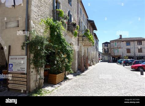 Eymet, France: July 2020: The town square and medieval buildings in the centre of the the ...