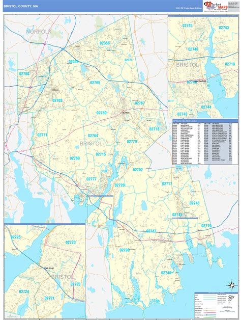 Bristol County, MA Zip Code Wall Map Basic Style by MarketMAPS - MapSales