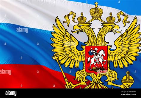 Russia emblem on Russian Federation flag design on Russia background, 3d rendering. Russia Flag ...