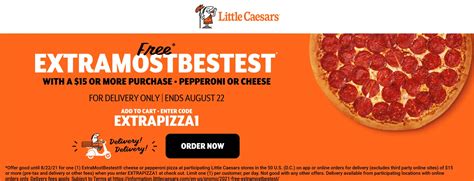 Free ExtraMostBestest cheese or pepperoni pizza with $15 delivery at Little Caesars via promo ...