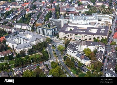 Areal shot of the city of Essen, Germany, city center, downtown area, Police headquarters and ...