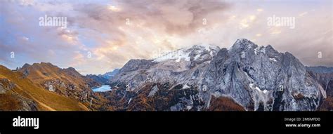 Autumn Dolomites mountain scene from hiking path betwen Pordoi Pass and ...