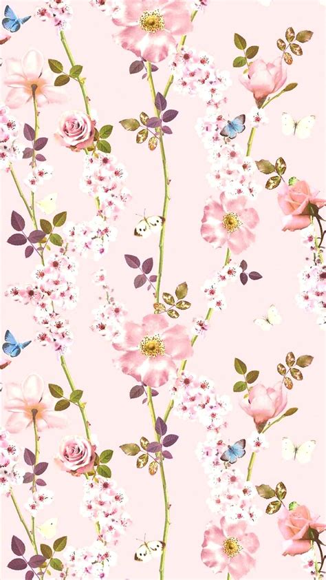 a pink flower and butterfly wallpaper with lots of white flowers on the ...