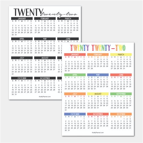 2022 Year-At-A-Glance Free Printable Calendar — Krafty Planner