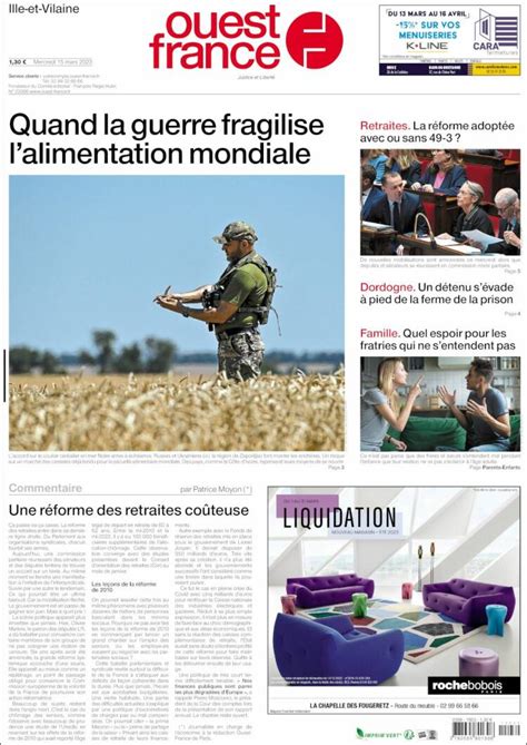 Journal Ouest France (France). Les Unes des journaux de France. Édition du mercredi, 15 de mars ...