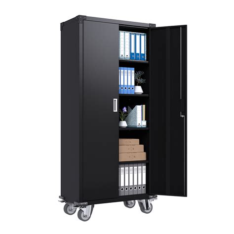 Mobile Steel Storage Cabinet - Metal Garage Cupboard on Lockable Wheels