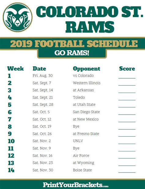 Printable 2019 Colorado State Rams Football Schedule | College football ...