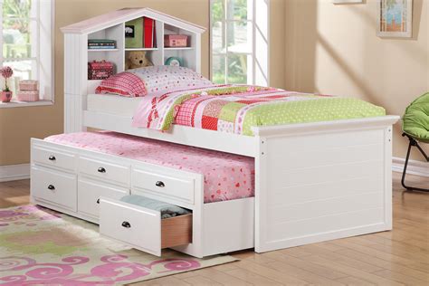 White Kids Girls Bookcase Twin Bed Storage Trundle Drawers F9223 ...