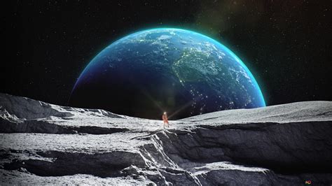 Astronaut watching amazing view of earth from moon surface 2K wallpaper download