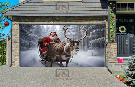 Sleigh With Reindeer And Santa Claus Garage Door Wrap Cover Mural Deco