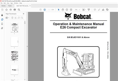 Bobcat E26 Compact Excavator Operation & Maintenance Manual SN ...