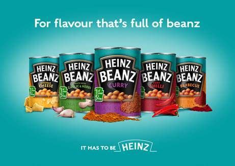 three cans of heinz beanz with the caption it has to be heinz beans for flavor that's full of beanz