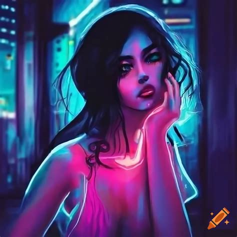 Neon-lit cityscape with a russian girl with black hair