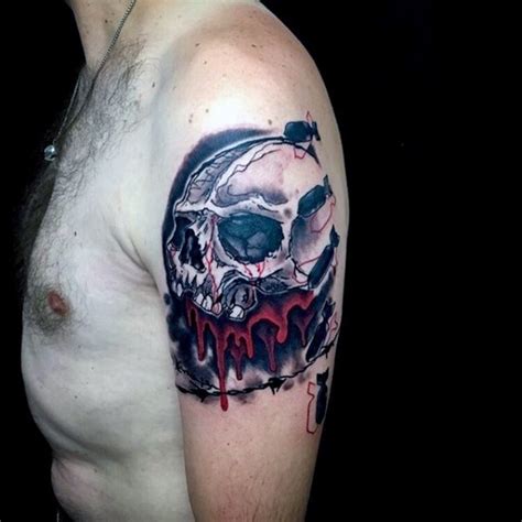 Illustrative style colored bloody skull tattoo on shoulder - Tattooimages.biz