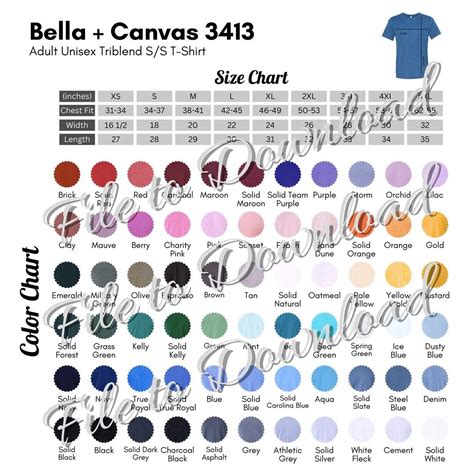 Bella Canvas 3413 Color and Size Chart BC3413 Triblend Tshirt - Etsy in 2023 | Bella canvas ...