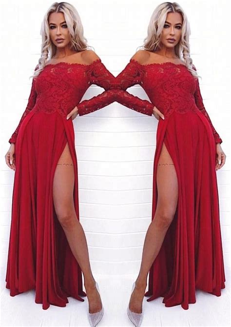 A-Line Off-the-Shoulder Long Sleeves Dark Red Prom Dress with Lace | Dark red prom dress, Red ...