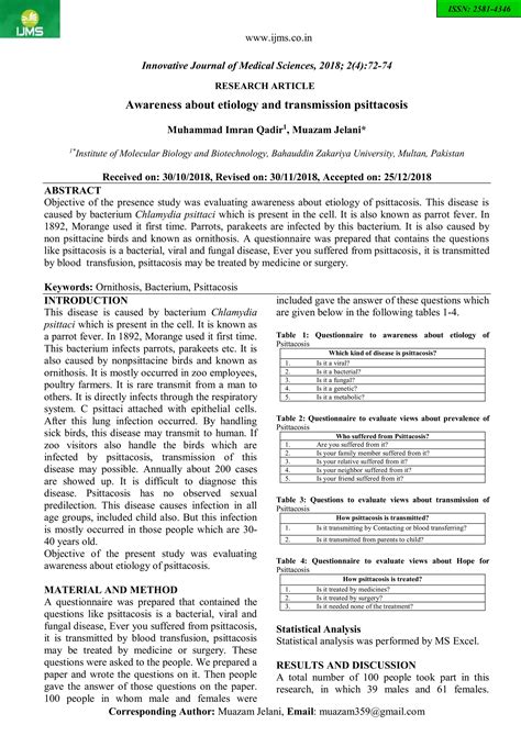 Awareness about etiology and transmission psittacosis | PDF