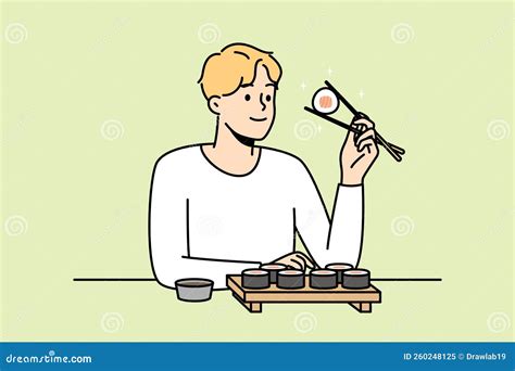 Smiling Man Eat Sushi with Chopsticks Stock Vector - Illustration of ...