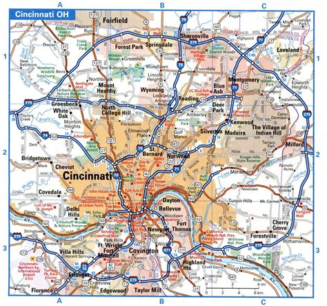 Cincinnati city interstate highway map road free toll I71, I74, I75, I275, I471 - U.S.