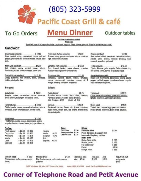 Menu at Pacific Coast Grill & Café restaurant, Ventura