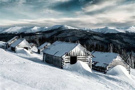 Mountains, Winter and Cabins Stock Photo - Image of pine, frost: 134220084