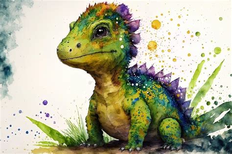 Premium AI Image | Adorable baby dinosaur painted by hand in watercolor