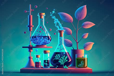 Blue backdrop with a chemistry lab set on a table with colourful substances within. Glassware ...