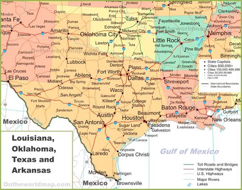 Map of Louisiana, Oklahoma, Texas and Arkansas - Ontheworldmap.com