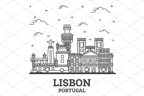 Outline Lisbon Portugal City Skyline by Booblgum on @creativemarket in 2021 | Portugal cities ...