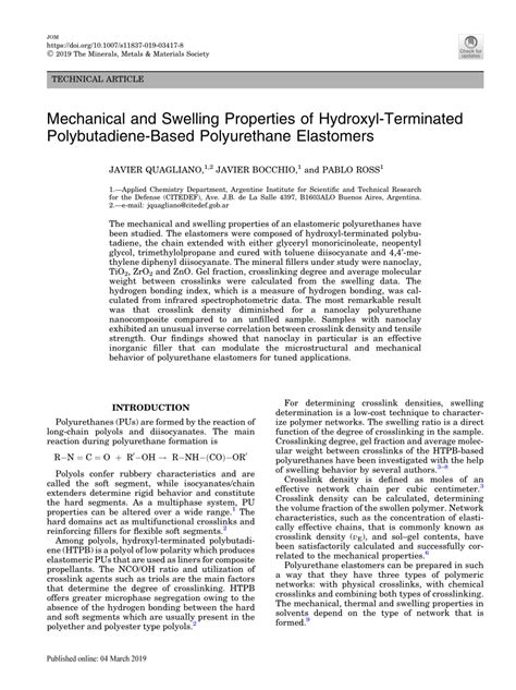 (PDF) Mechanical and Swelling Properties of Hydroxyl-Terminated Polybutadiene-Based Polyurethane ...