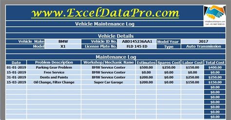 Download Vehicle Maintenance Log Excel Template - ExcelDataPro