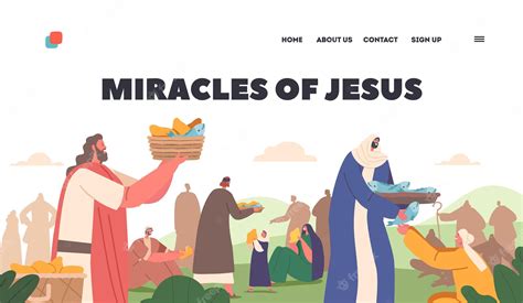 Premium Vector | Miracles of jesus landing page template apostles characters give food to hungry ...