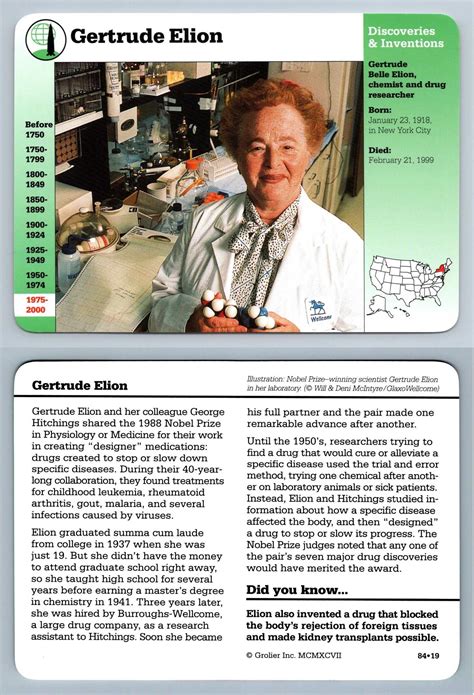 Gertrude Elion #84.19 Discoveries & Inventions - Story Of America Grolier Card