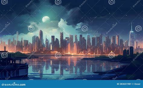 Abstract Painting of a City at Night. Background Art with Skyscrapers ...