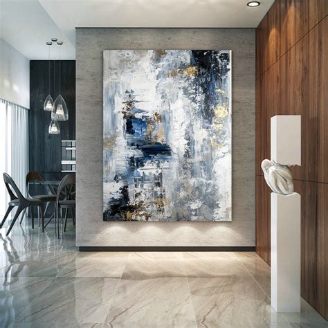 Blue Grey Thick Textured Details Hand Painted Oversize Abstract Wall ...