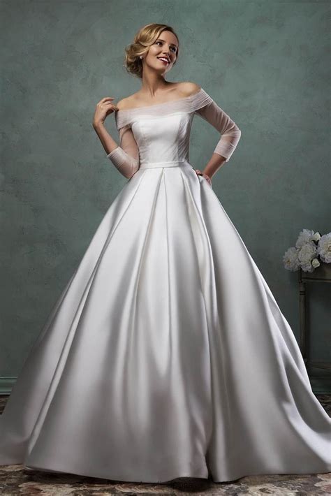 White Satin Off The Shoulder Wedding Dress,Middle Sleeves Tulle Top Bridal Dress | Wedding ...