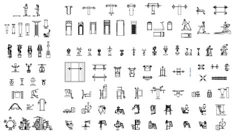 Gym equipment plan detail dwg. - Cadbull